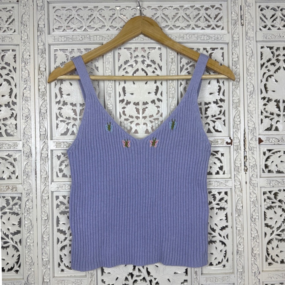Y2K Periwinkle Blue Ribbed Butterfly Embroidered Sweater Tank Top Sz‎ Medium